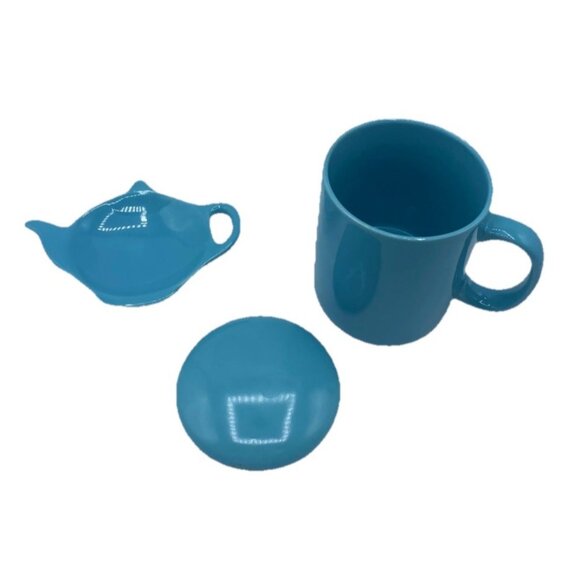 OmniWare Coffee Tea Mug With Lid Teapot Shaped Dish Blue Turquoise Minimalist - Picture 1 of 16
